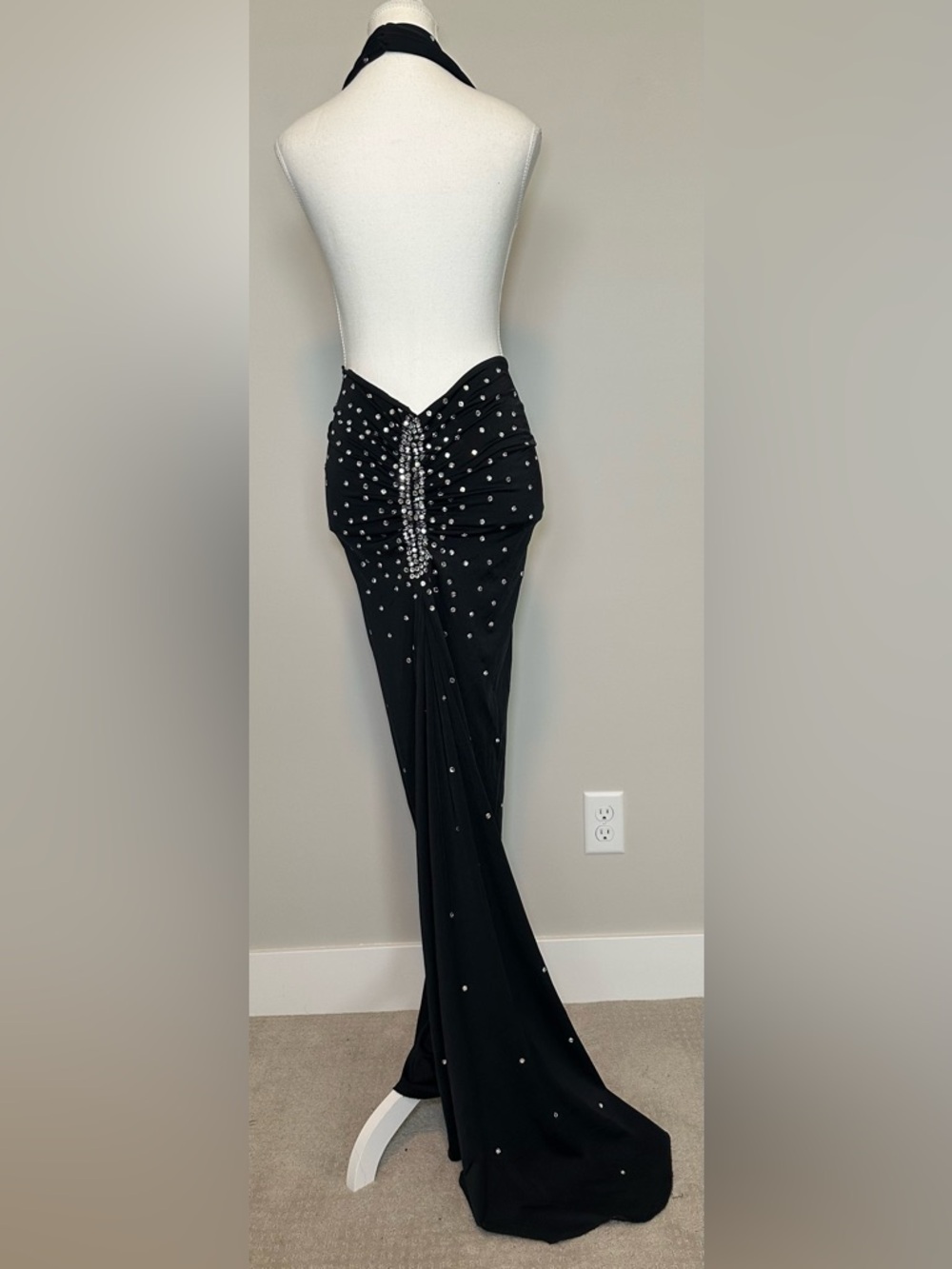 Black Rhinestone Cutout Halter Maxi Dress Backless Glam Sexy Evening Gown‎ S/M - Picture 2 of 11